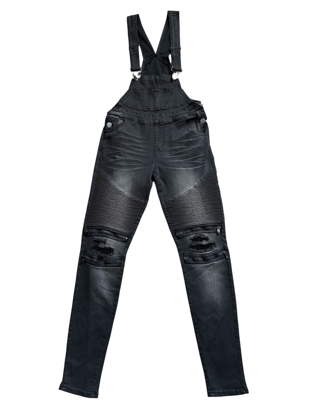Women’s Black Distressed Denim Overalls - Slim Fit